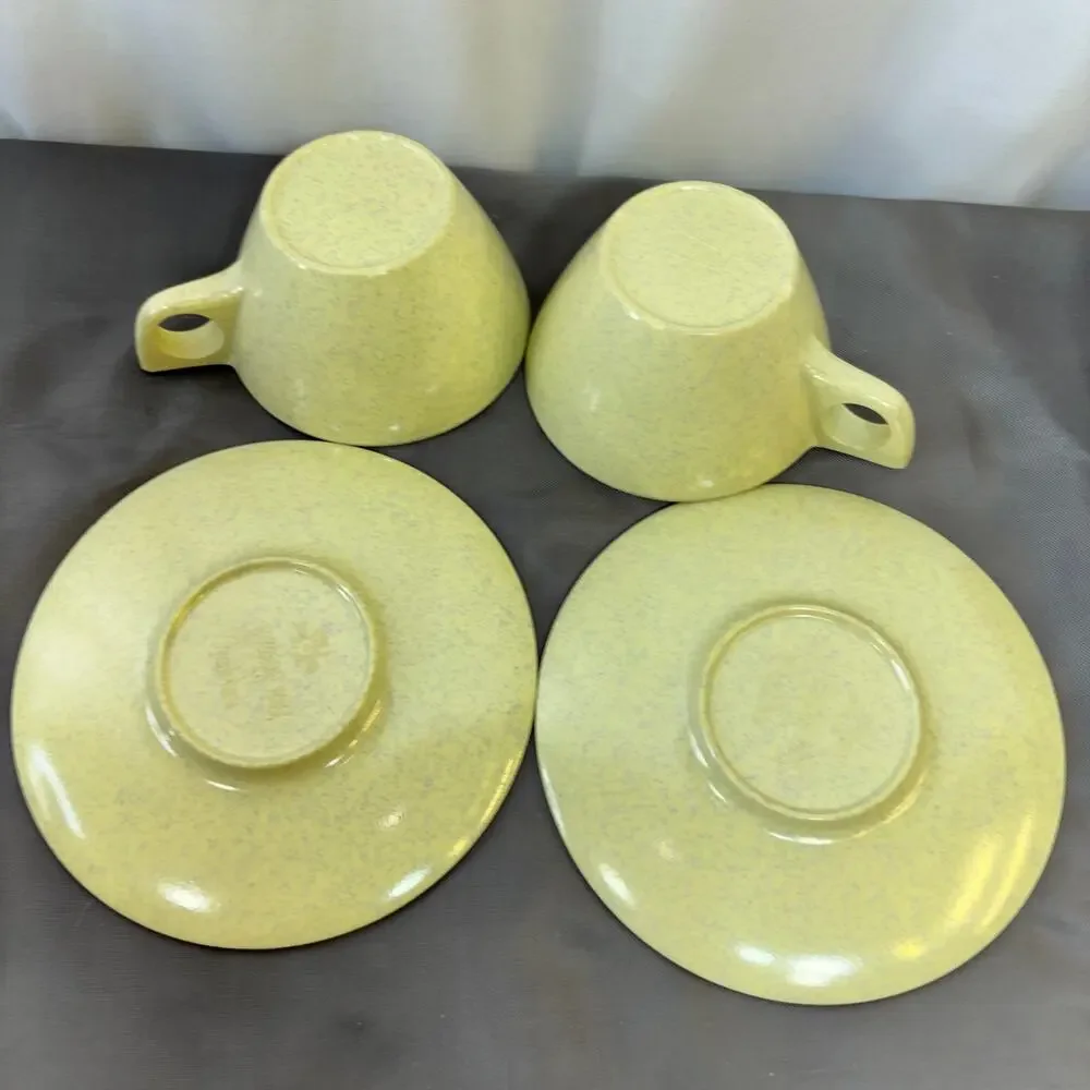 Yellow Speckled Melamine Mixed Lot 9 Pc: 2 Cup/Saucer/Bowl 1 Plate Creamer/Sugar